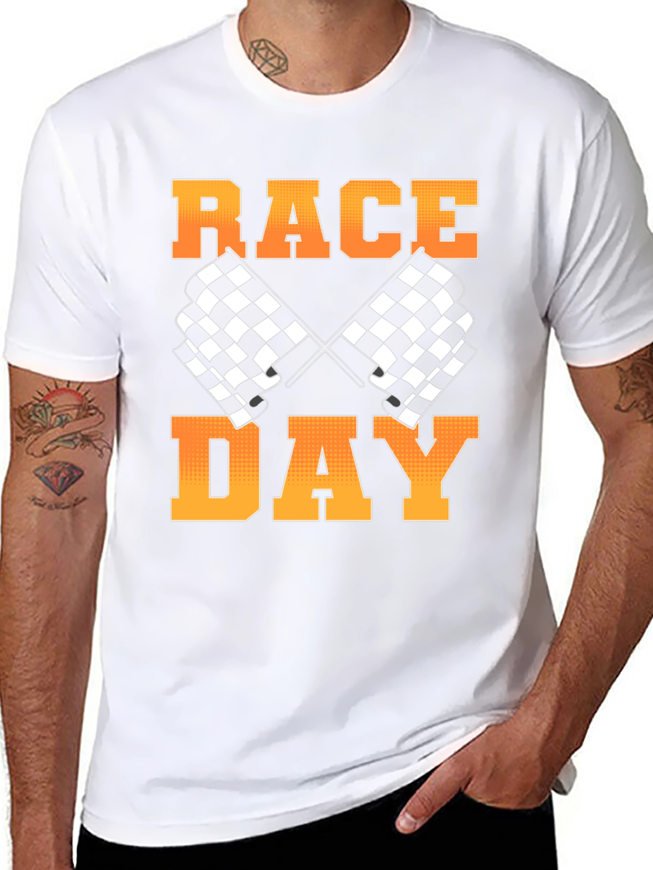Race Day Black T-Shirt with Checkered Flags Design