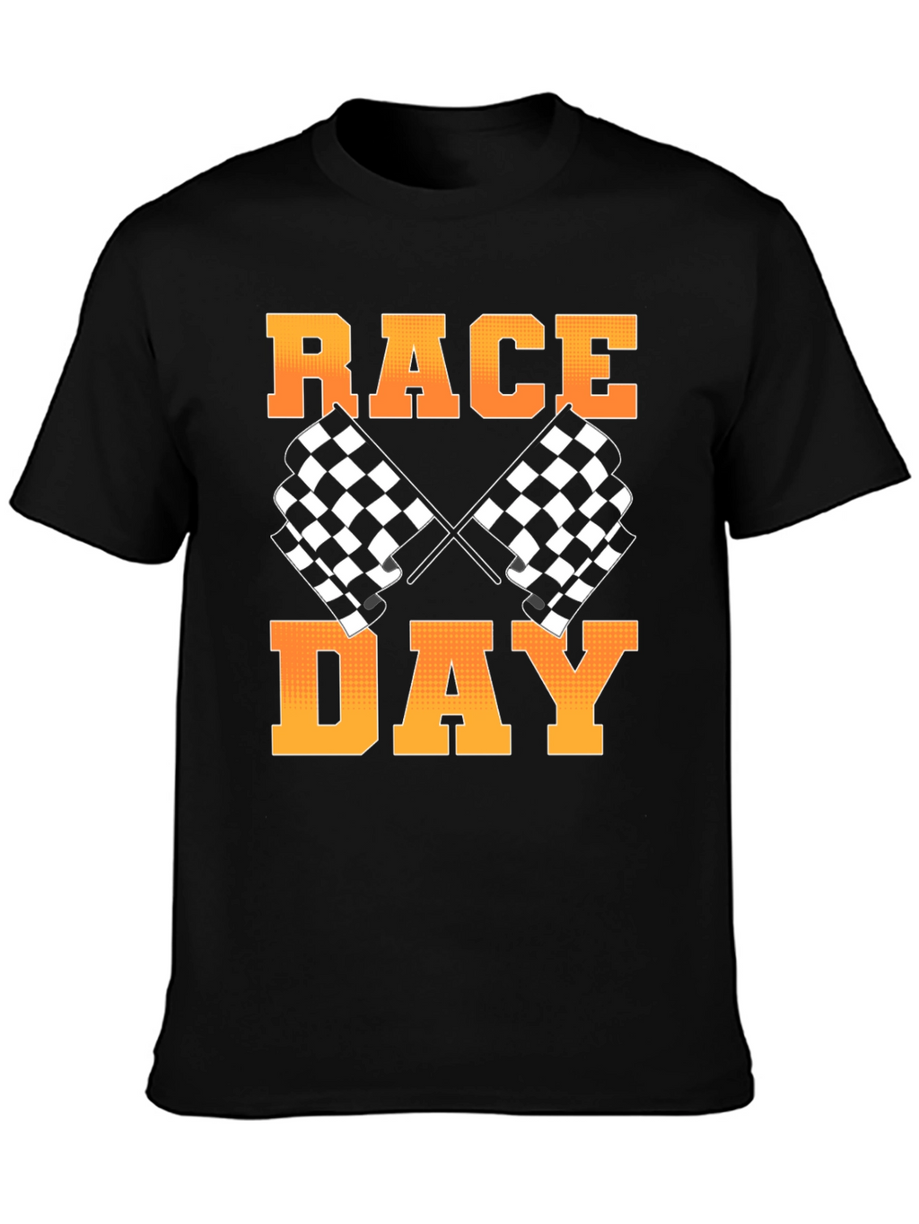 Race Day Black T-Shirt with Checkered Flags Design