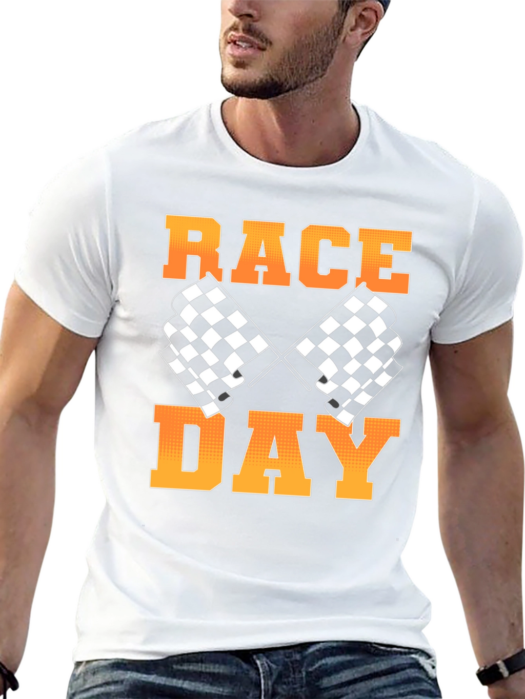 Race Day Black T-Shirt with Checkered Flags Design