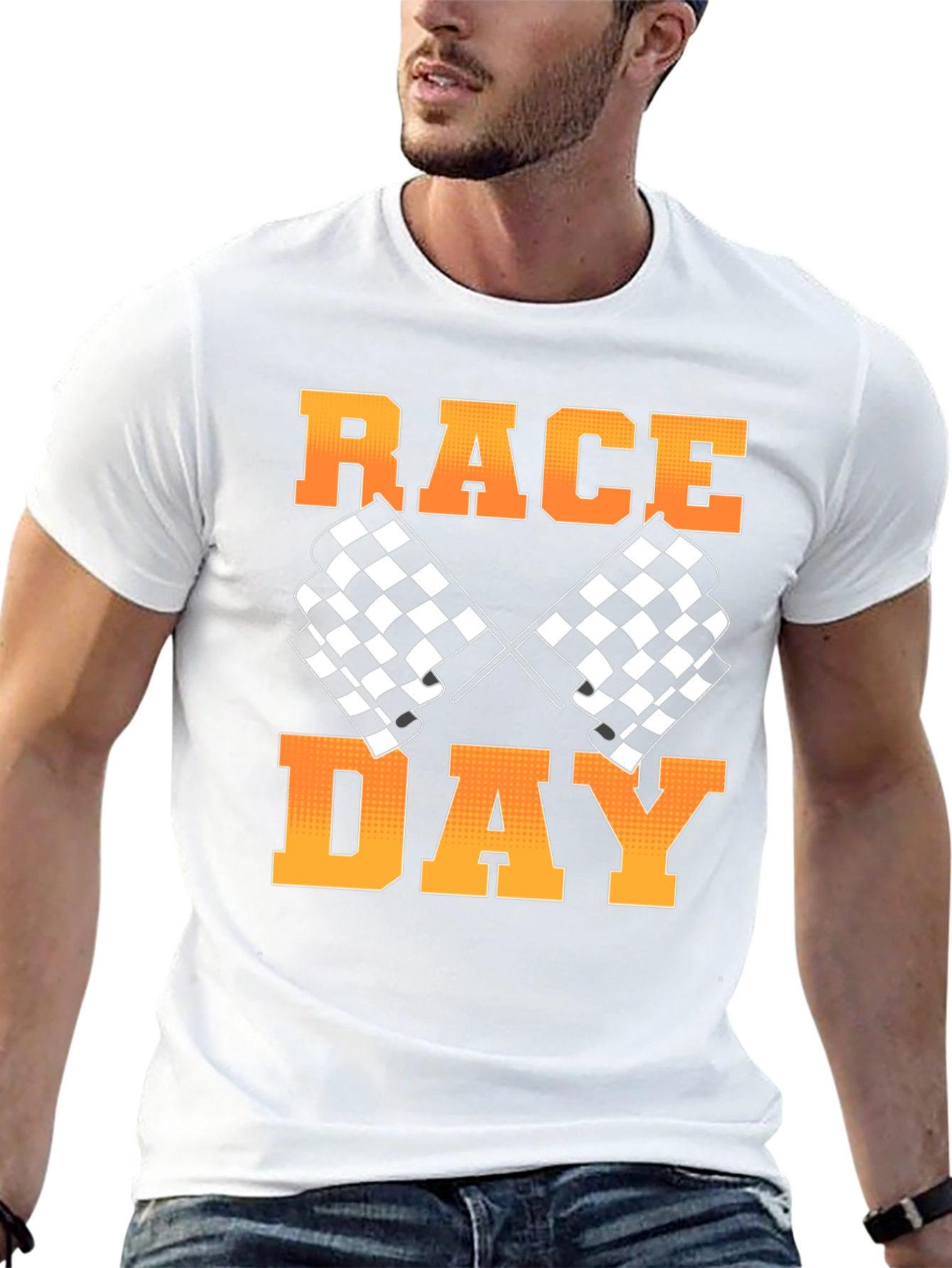 Race Day Black T-Shirt with Checkered Flags Design
