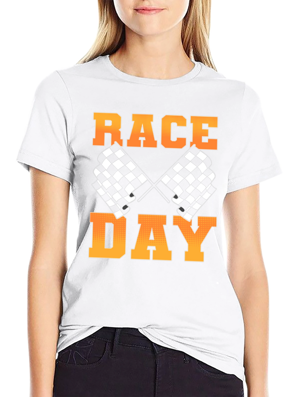 Race Day Black T-Shirt with Checkered Flags Design