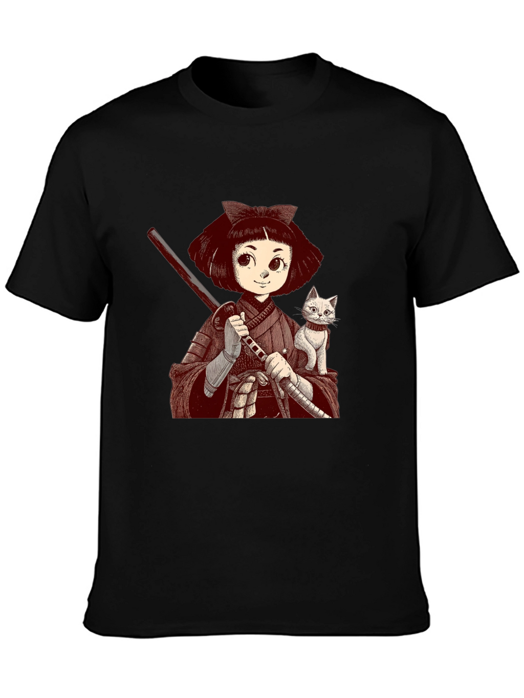 Samurai Girl & Cat T-Shirt - Black