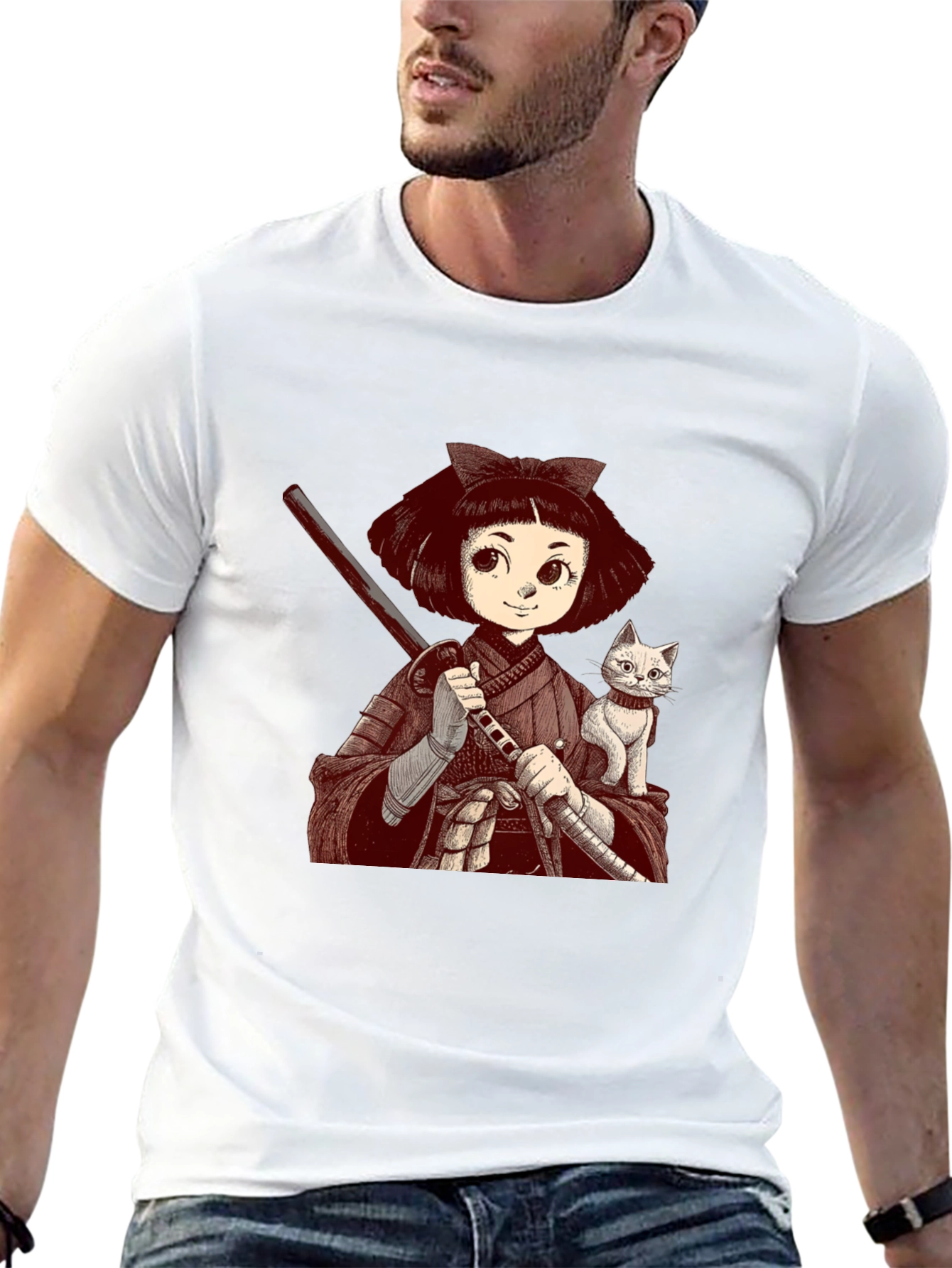 Samurai Girl & Cat T-Shirt - Black