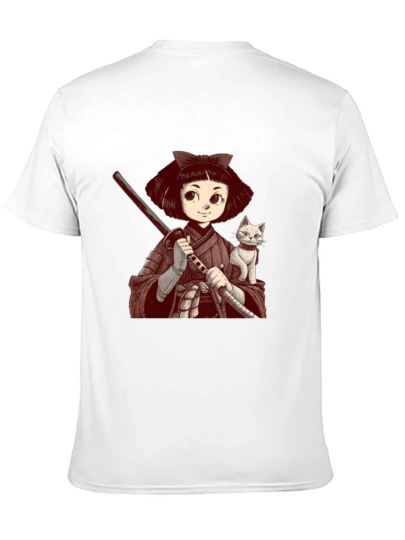 Samurai Girl & Cat T-Shirt - Black
