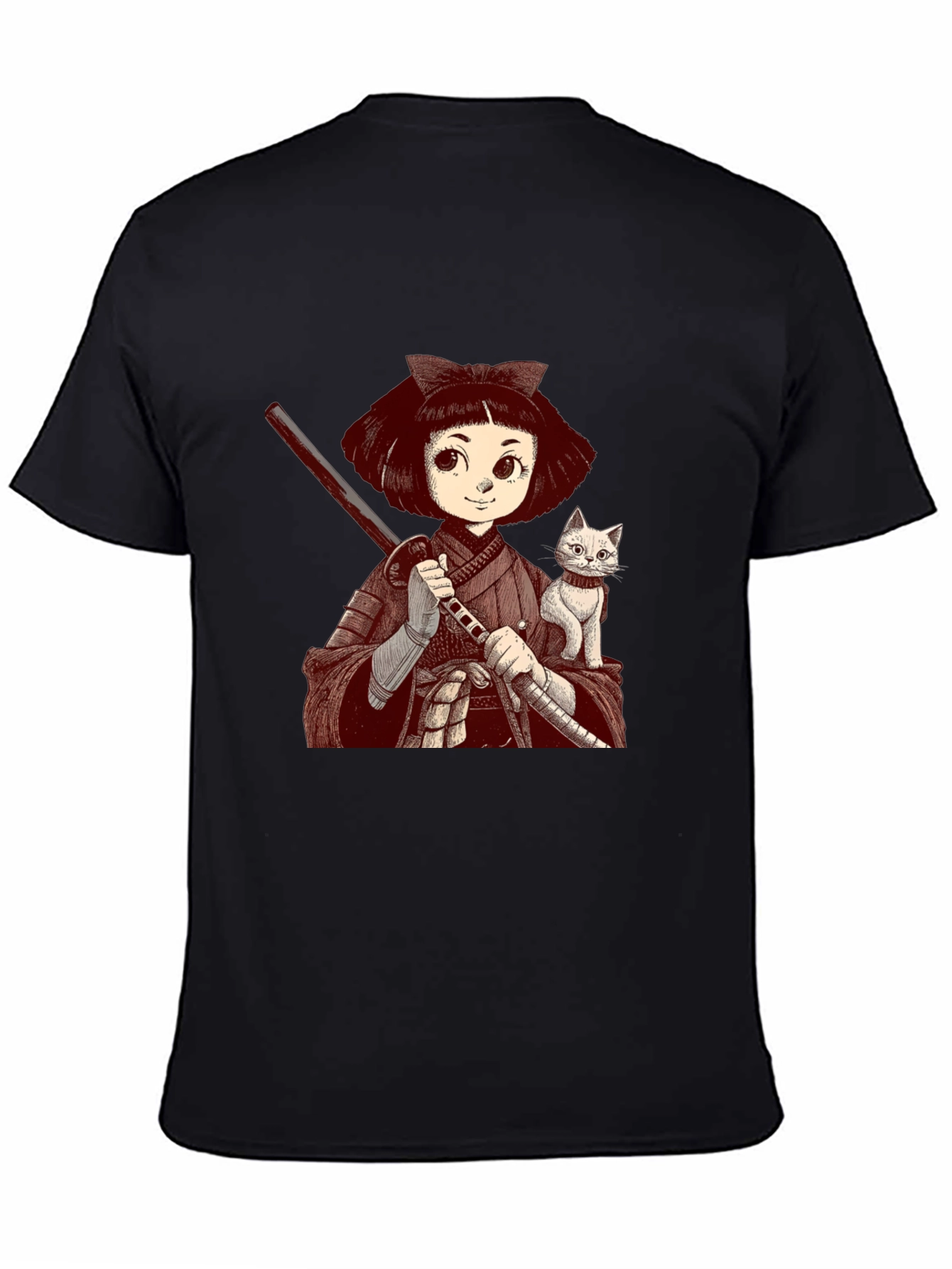 Samurai Girl & Cat T-Shirt - Black