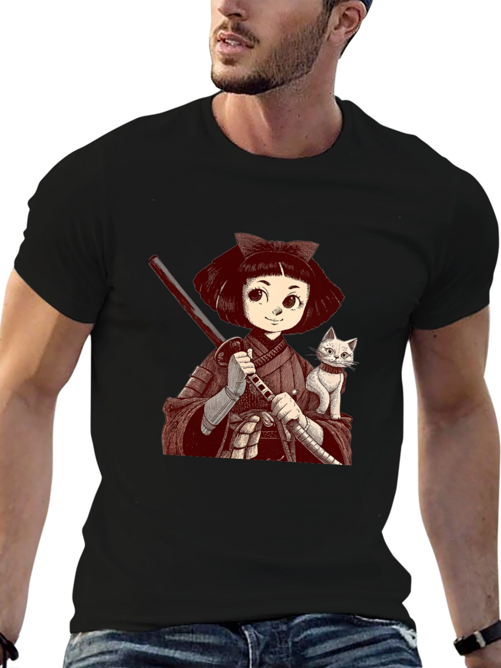 Samurai Girl & Cat T-Shirt - Black