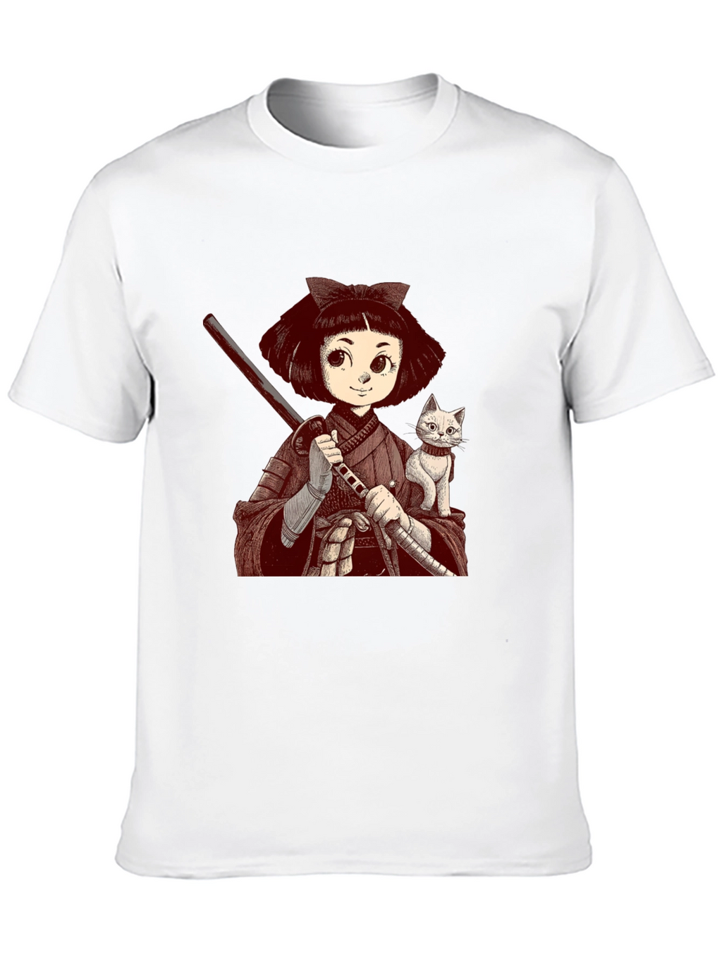 Samurai Girl & Cat T-Shirt - Black