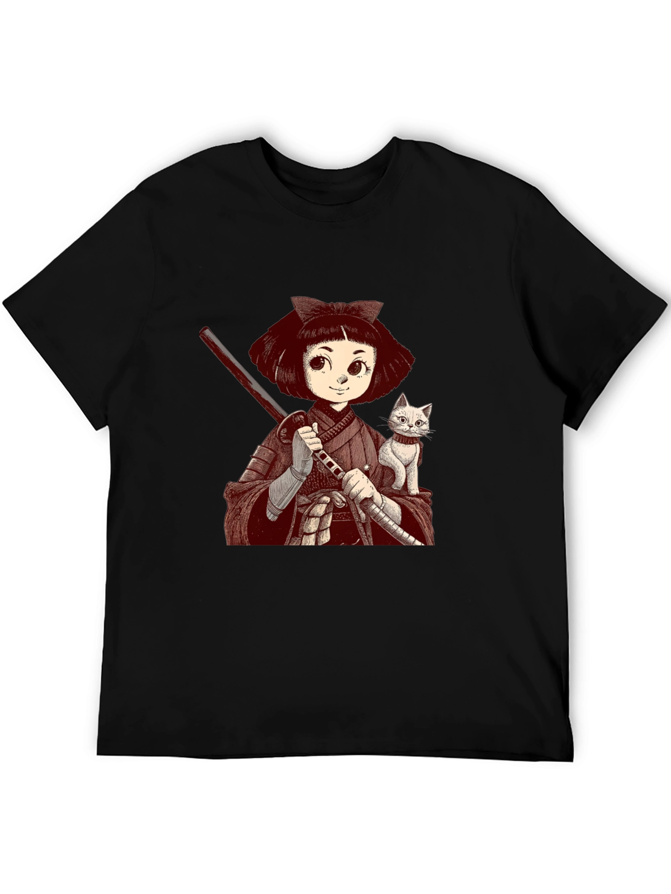 Samurai Girl & Cat T-Shirt - Black
