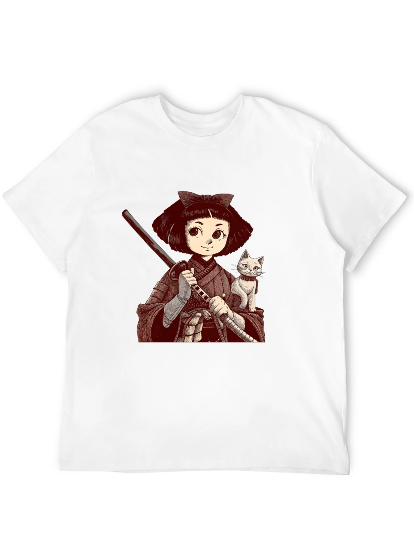 Samurai Girl & Cat T-Shirt - Black
