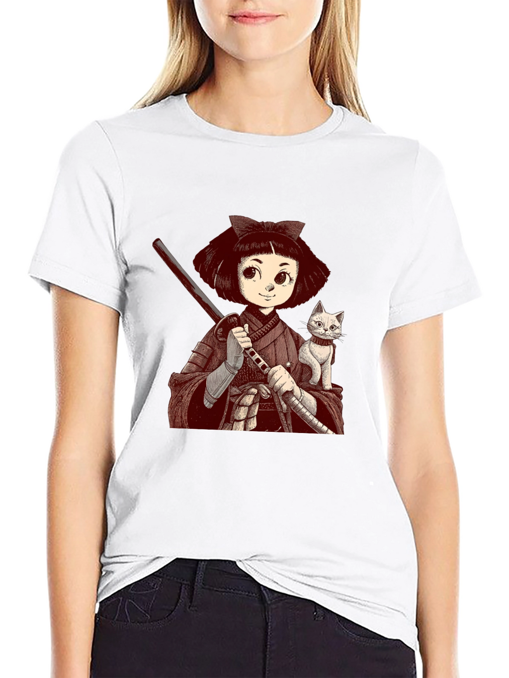 Samurai Girl & Cat T-Shirt - Black