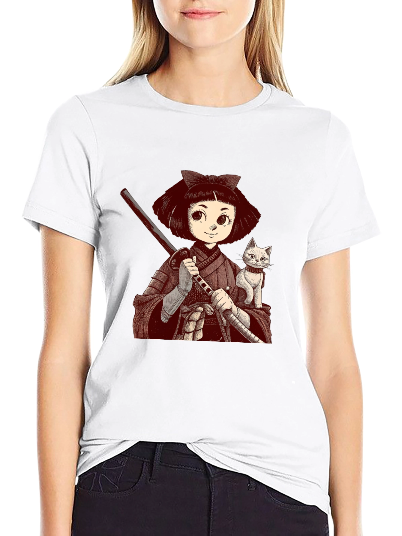 Samurai Girl & Cat T-Shirt - Black