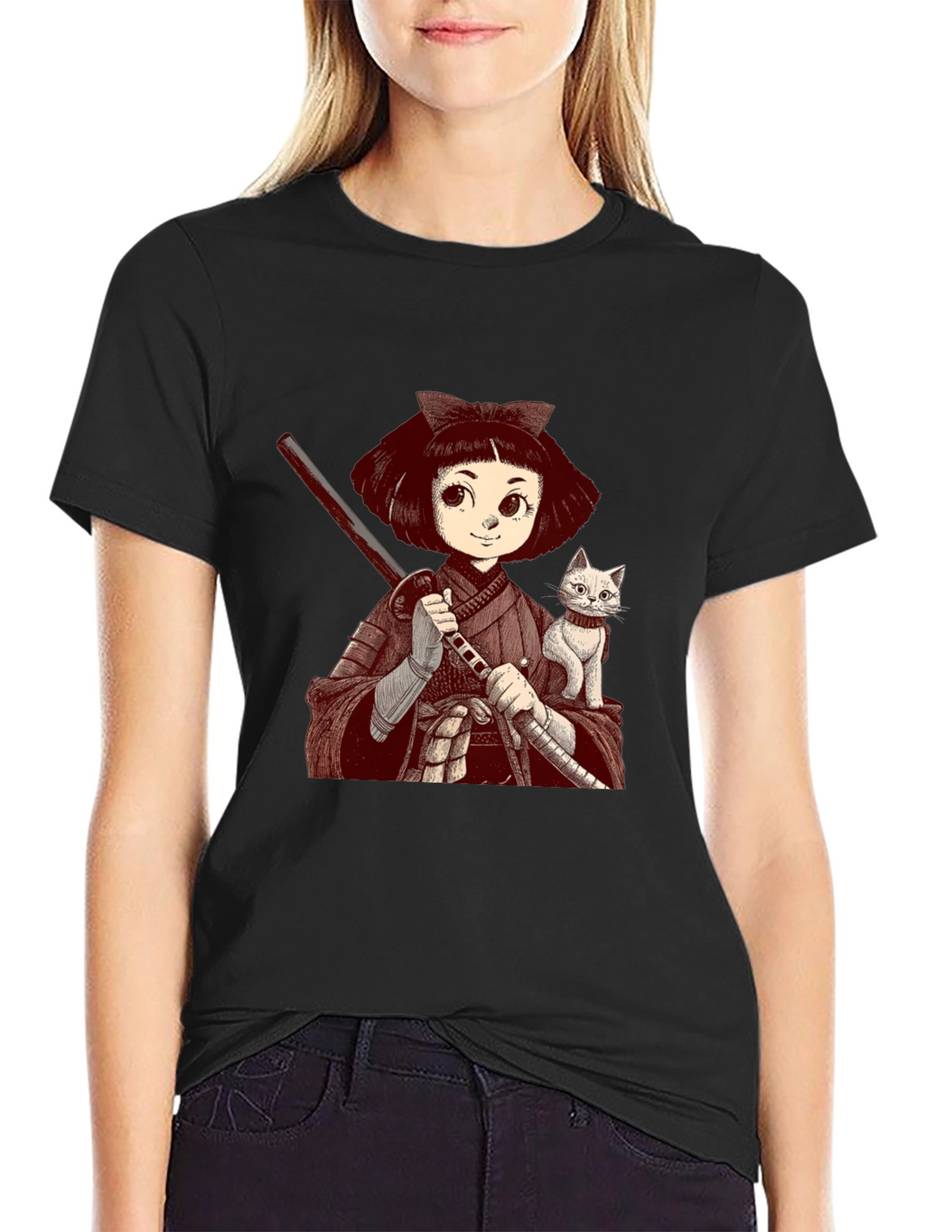 Samurai Girl & Cat T-Shirt - Black