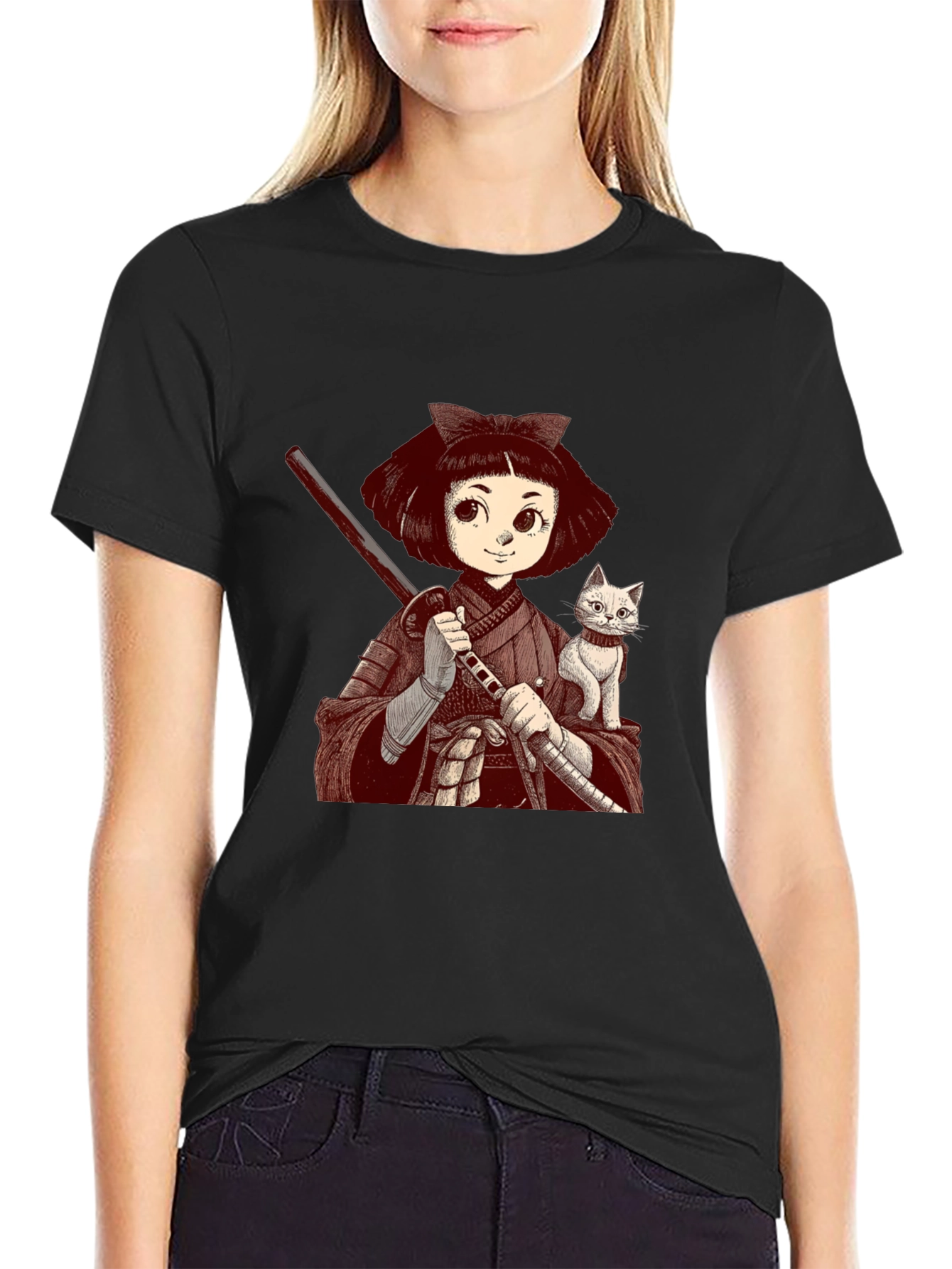 Samurai Girl & Cat T-Shirt - Black