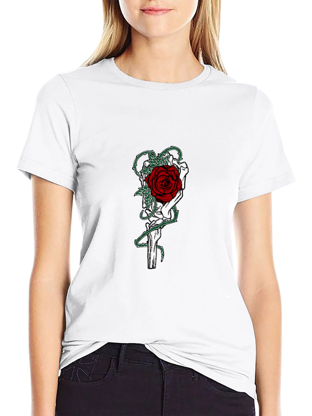 Gothic Rose Skeleton Hand Graphic T-Shirt