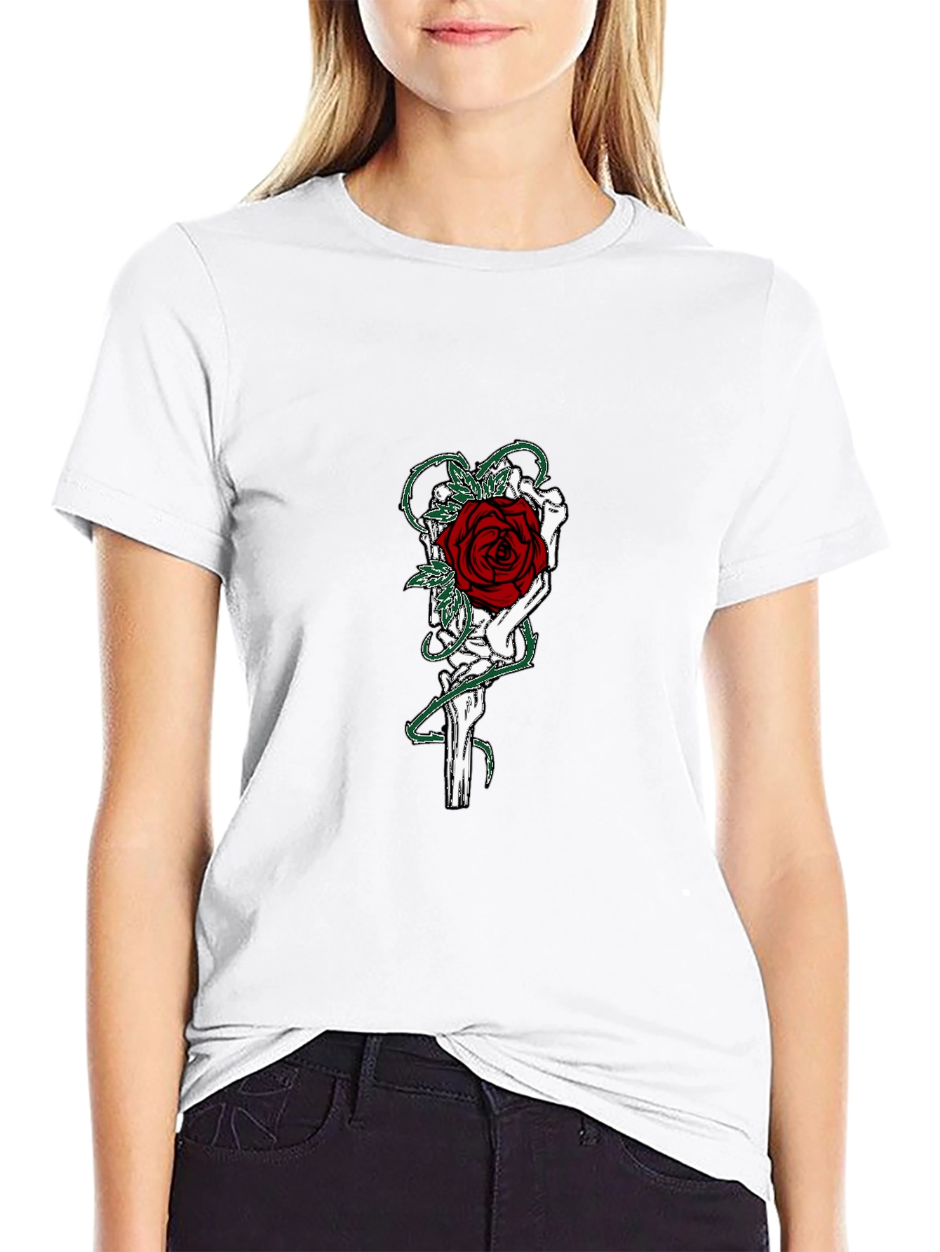 Gothic Rose Skeleton Hand Graphic T-Shirt