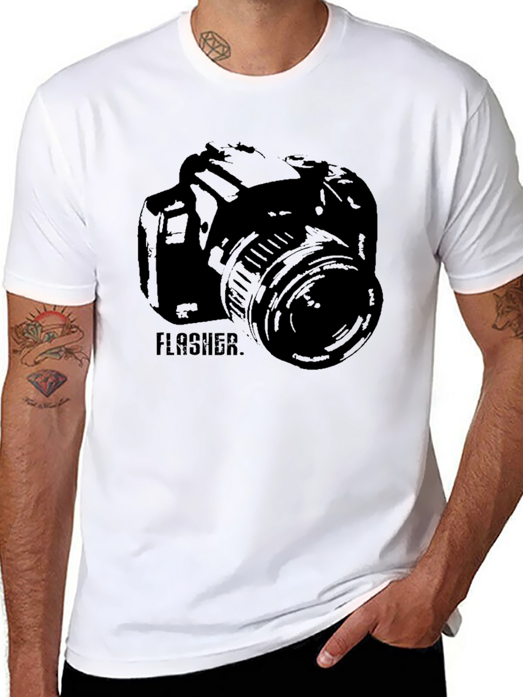 Photographer Camera FLASHER Graphic Print Black T-Shirt