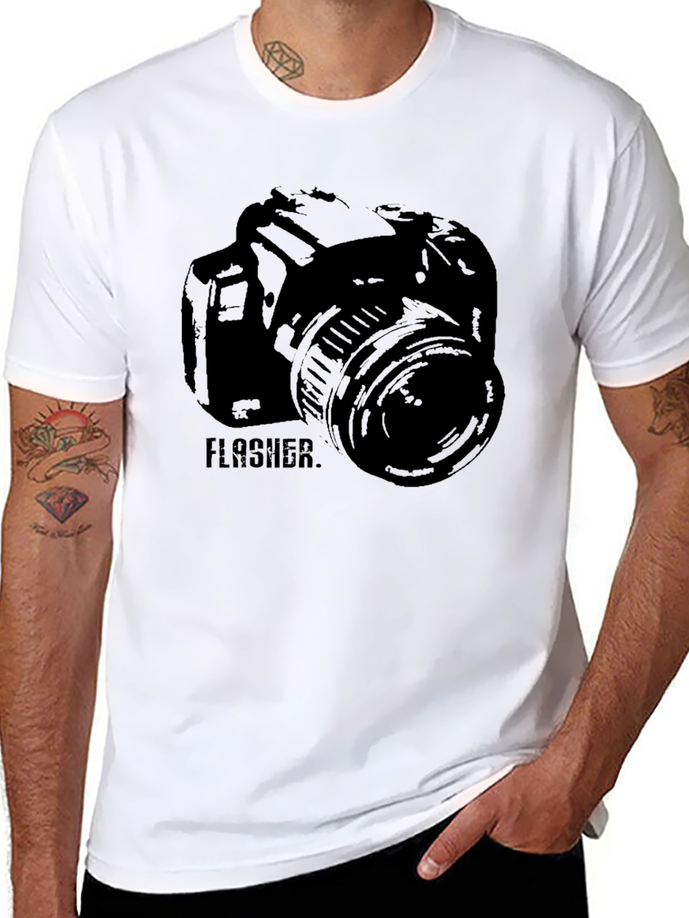 Photographer Camera FLASHER Graphic Print Black T-Shirt