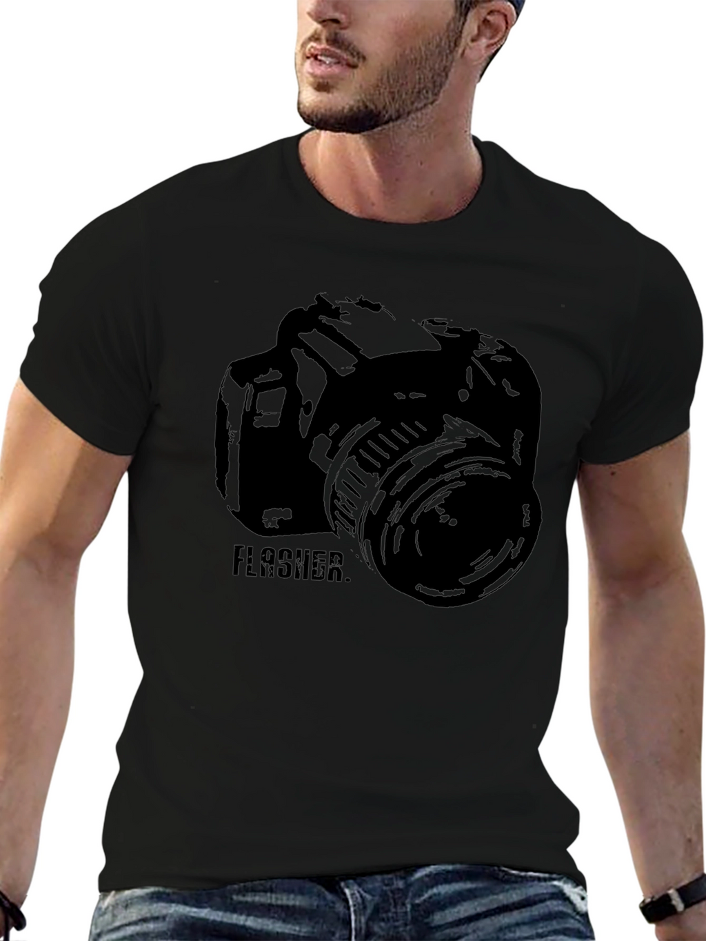 Photographer Camera FLASHER Graphic Print Black T-Shirt