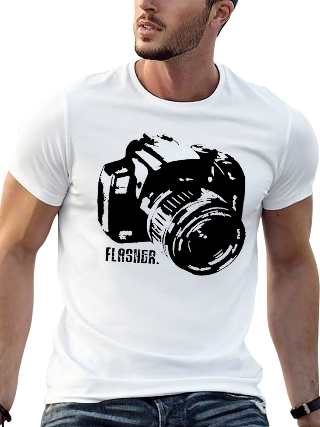 Photographer Camera FLASHER Graphic Print Black T-Shirt