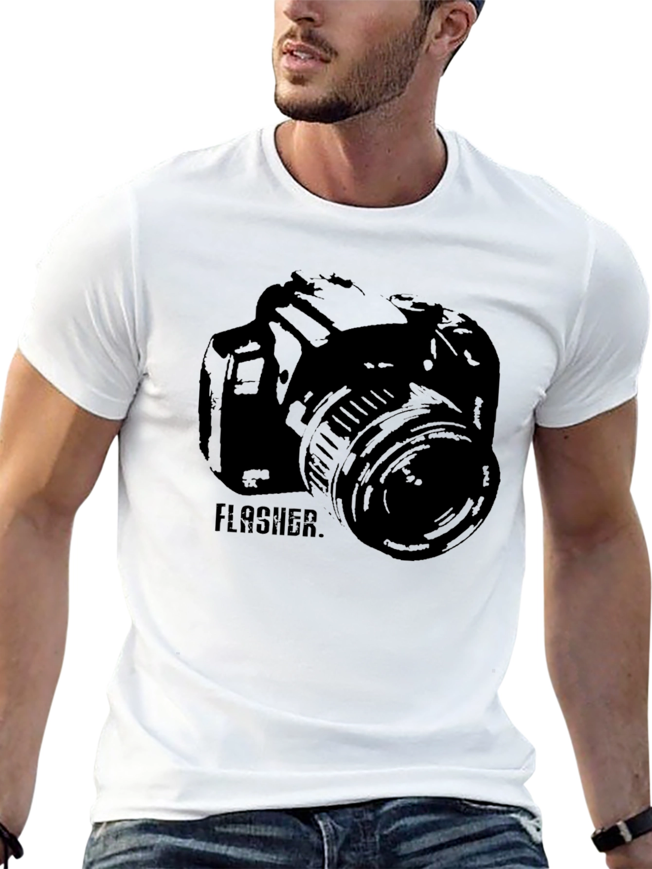 Photographer Camera FLASHER Graphic Print Black T-Shirt