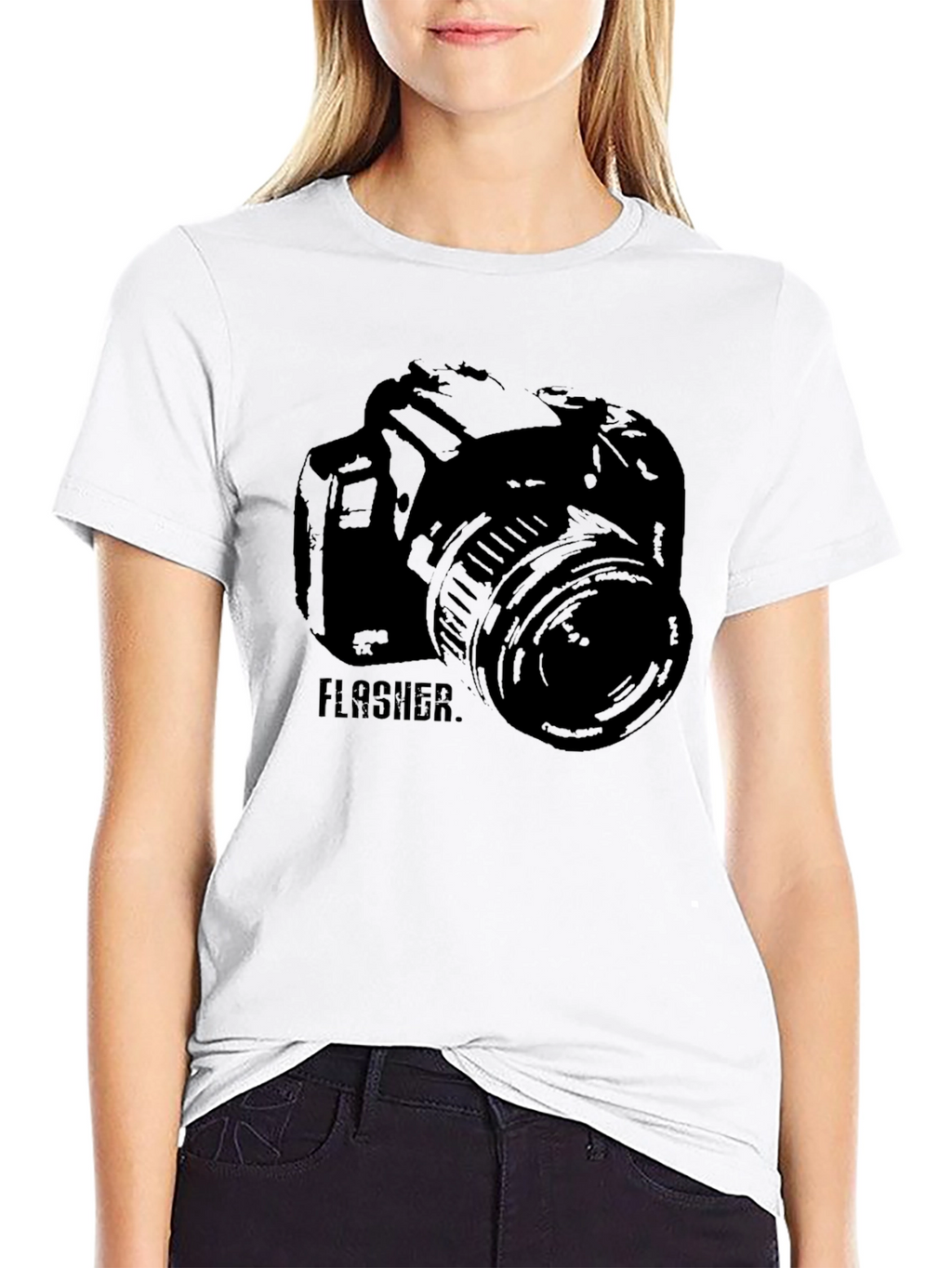 Photographer Camera FLASHER Graphic Print Black T-Shirt