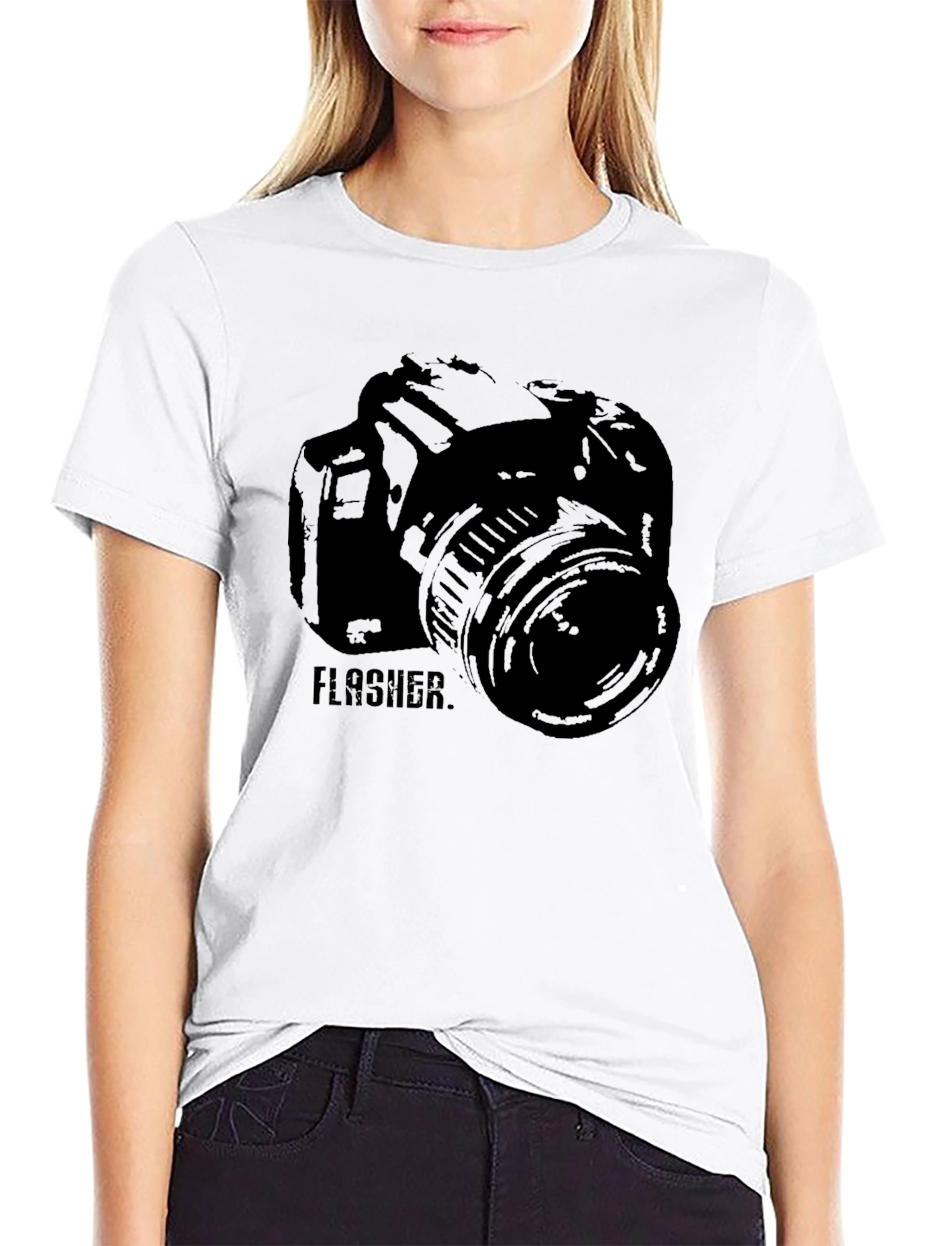Photographer Camera FLASHER Graphic Print Black T-Shirt