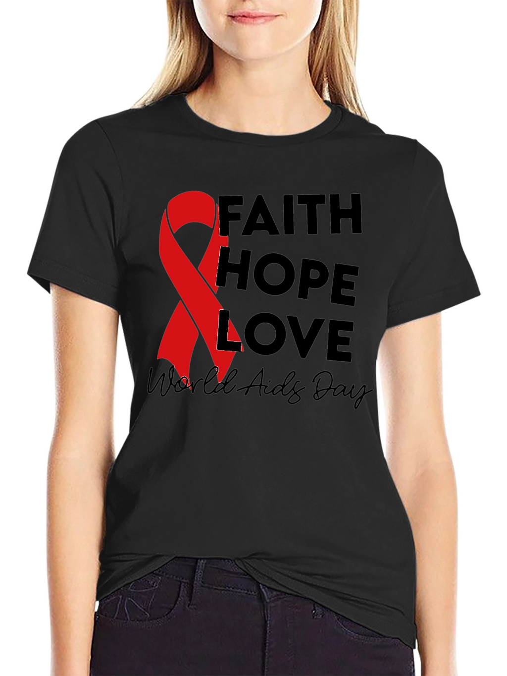 Faith Hope Love AIDS Awareness Black T-Shirt