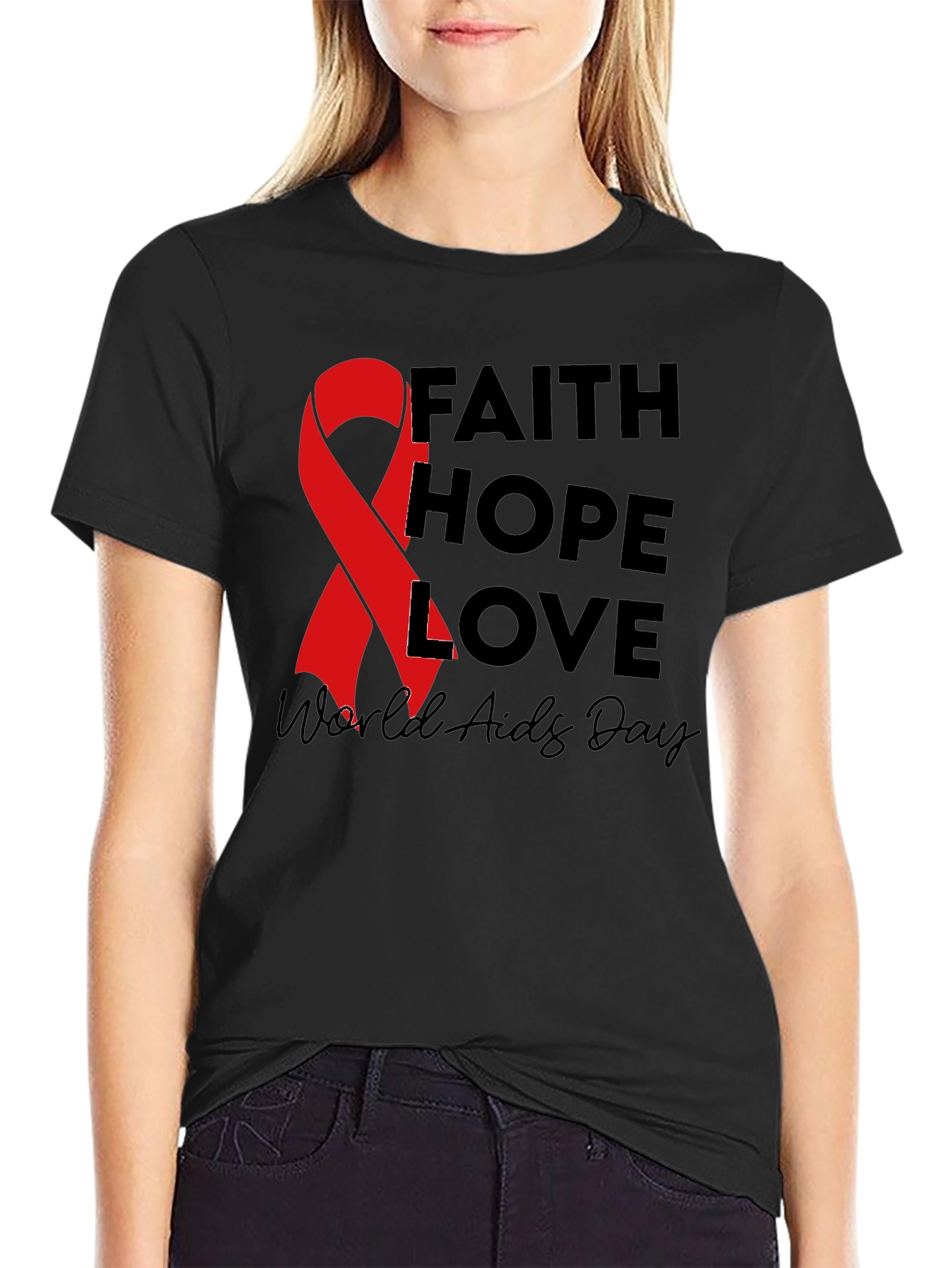 Faith Hope Love AIDS Awareness Black T-Shirt