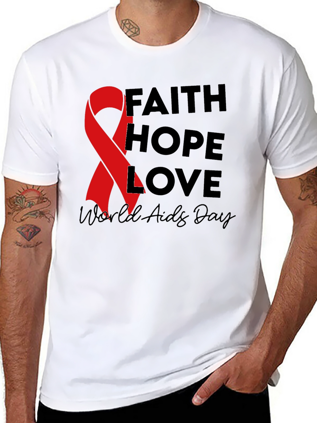 Faith Hope Love AIDS Awareness Black T-Shirt