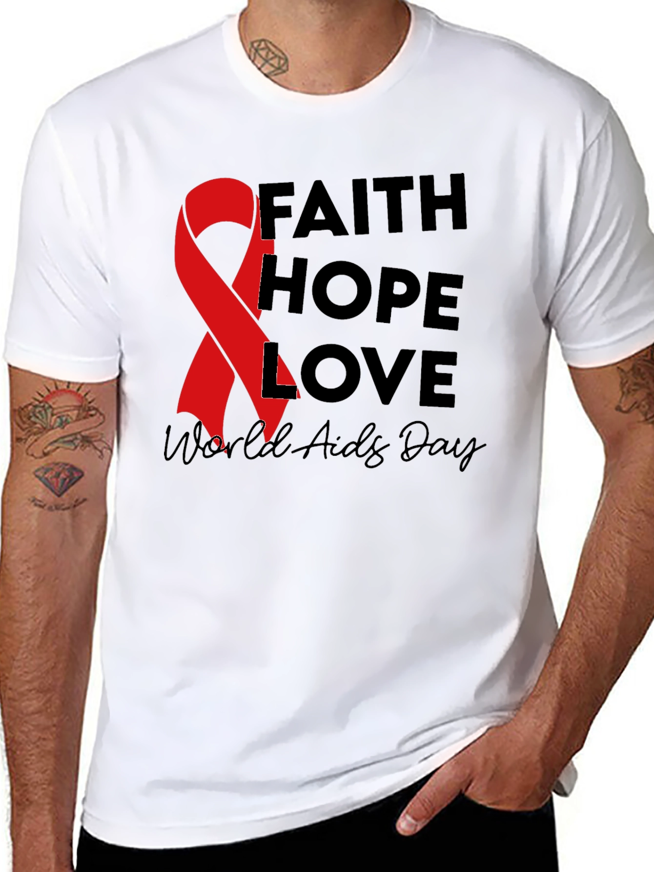 Faith Hope Love AIDS Awareness Black T-Shirt