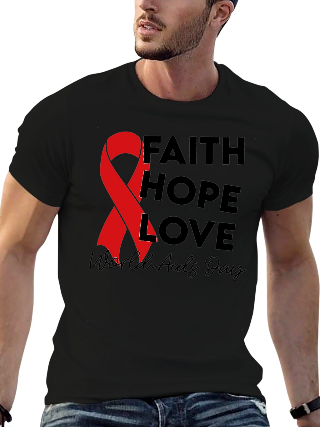 Faith Hope Love AIDS Awareness Black T-Shirt