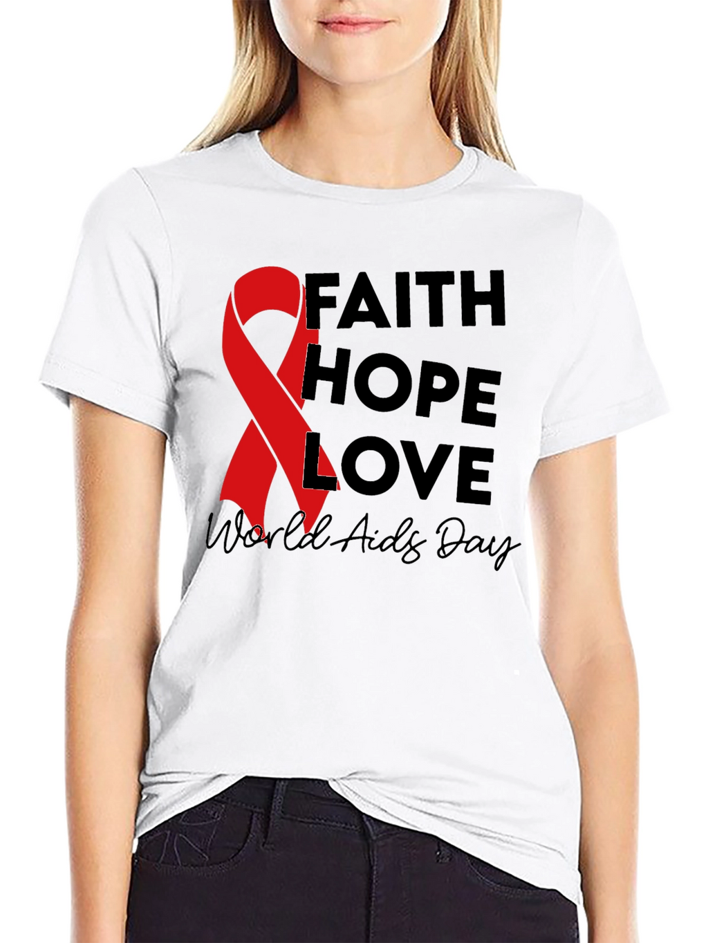 Faith Hope Love AIDS Awareness Black T-Shirt