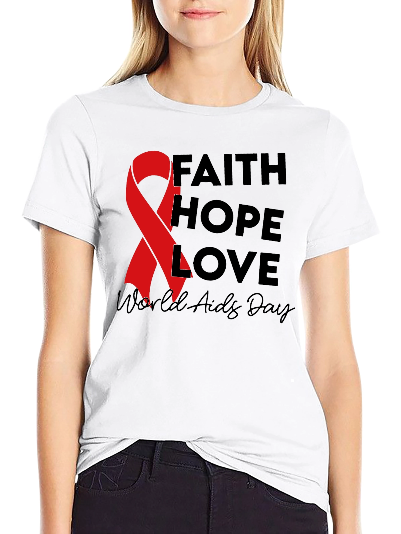 Faith Hope Love AIDS Awareness Black T-Shirt