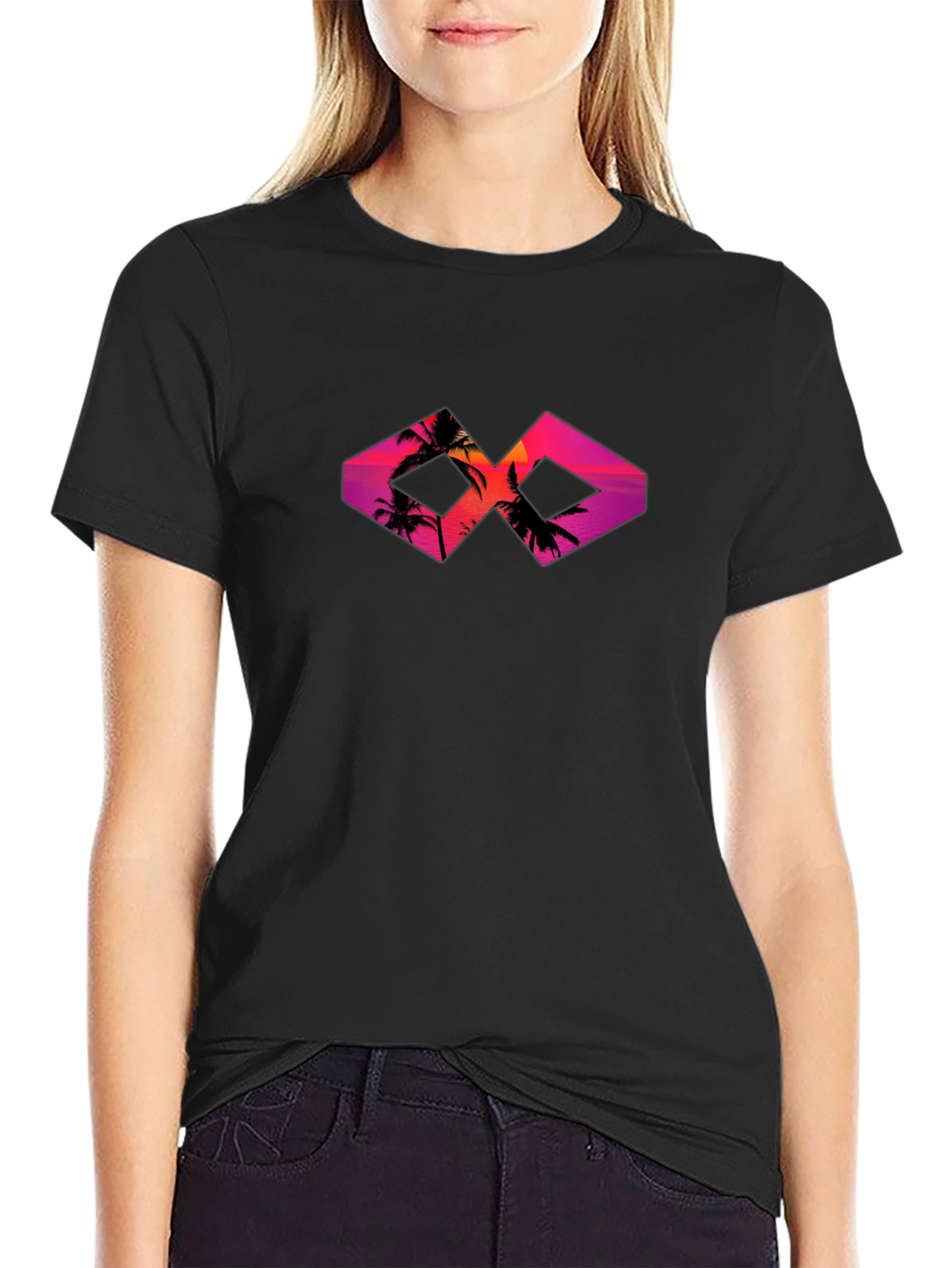 Sunset Palm Tree Graphic Tee - Black Cotton T-Shirt