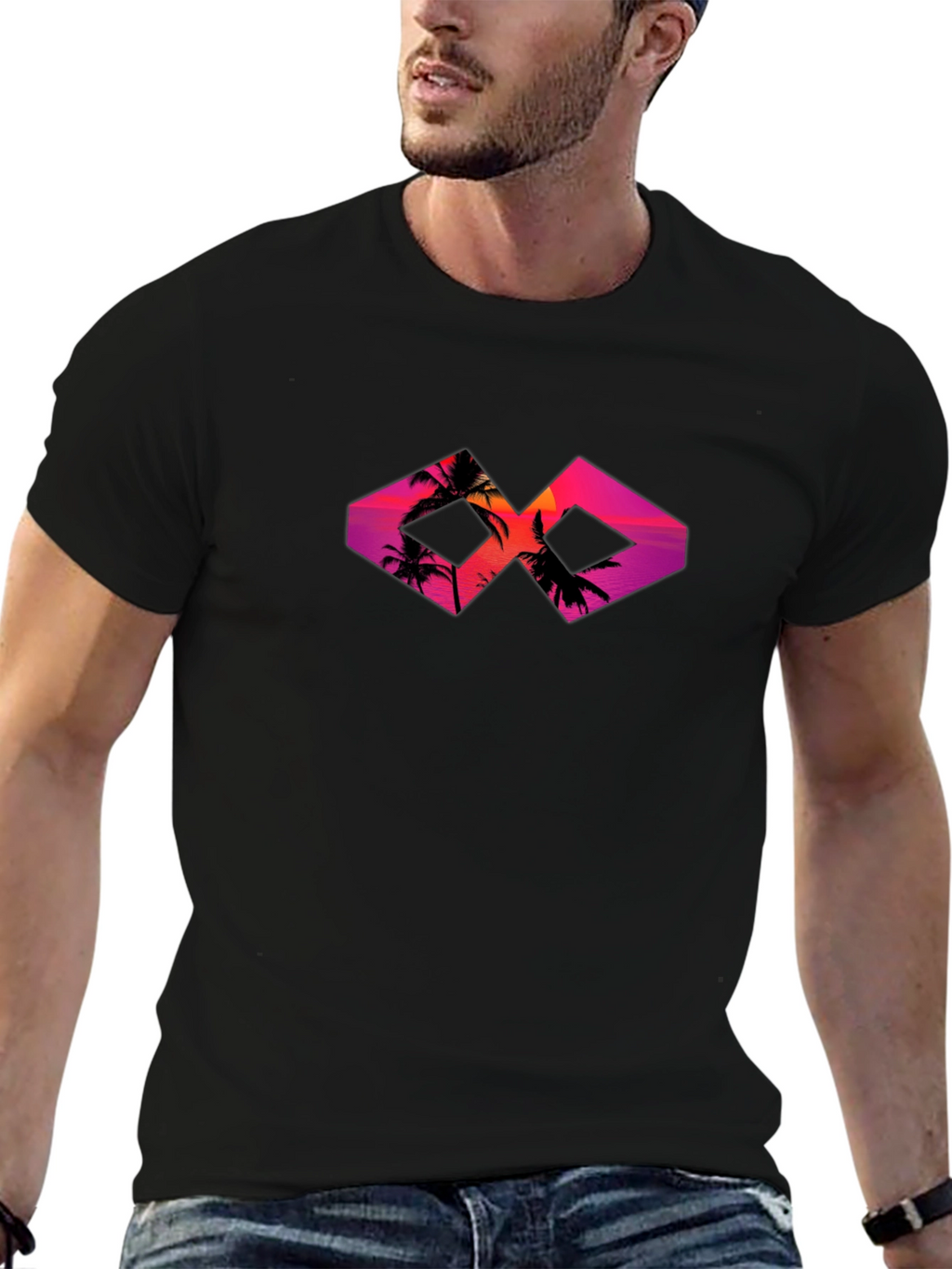 Sunset Palm Tree Graphic Tee - Black Cotton T-Shirt