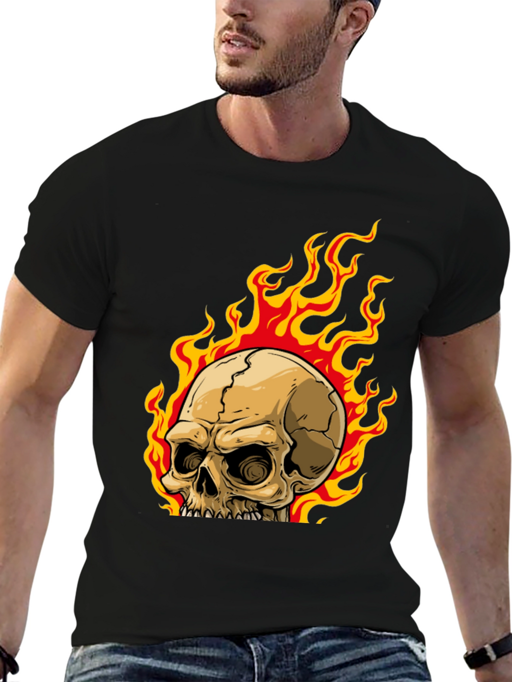 Skull on Fire Graphic Tee - Mens Black T-Shirt