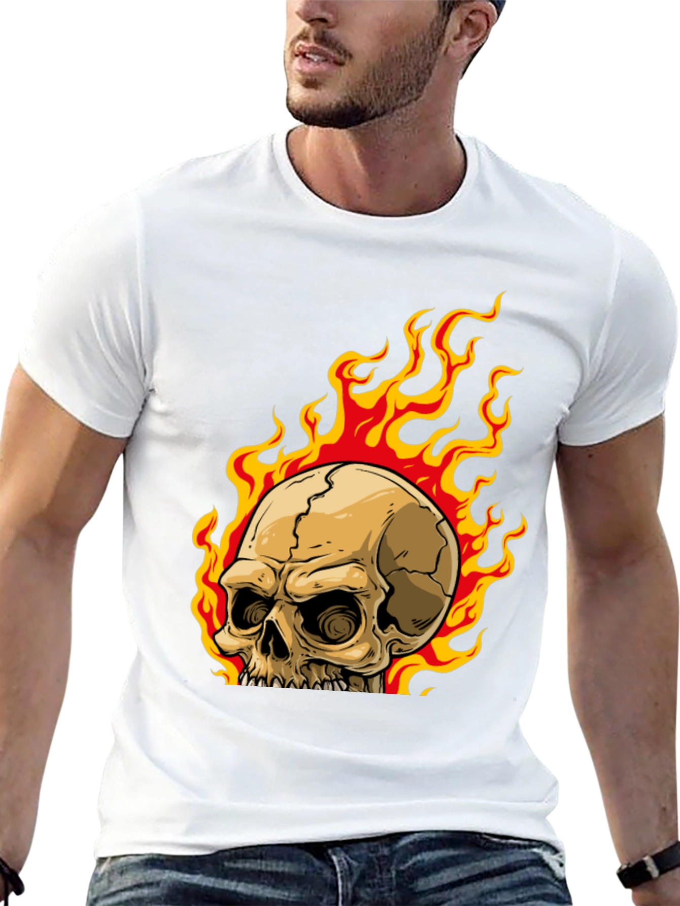Skull on Fire Graphic Tee - Mens Black T-Shirt