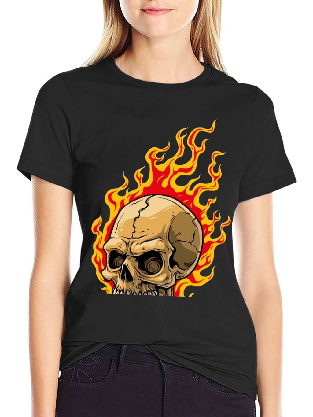 Skull on Fire Graphic Tee - Mens Black T-Shirt