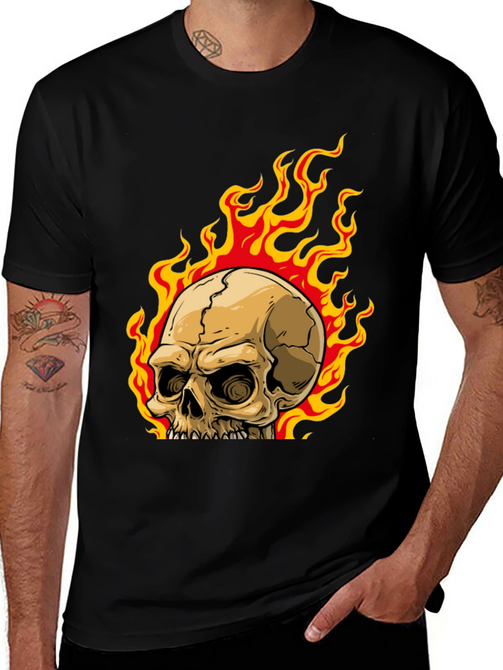 Skull on Fire Graphic Tee - Mens Black T-Shirt