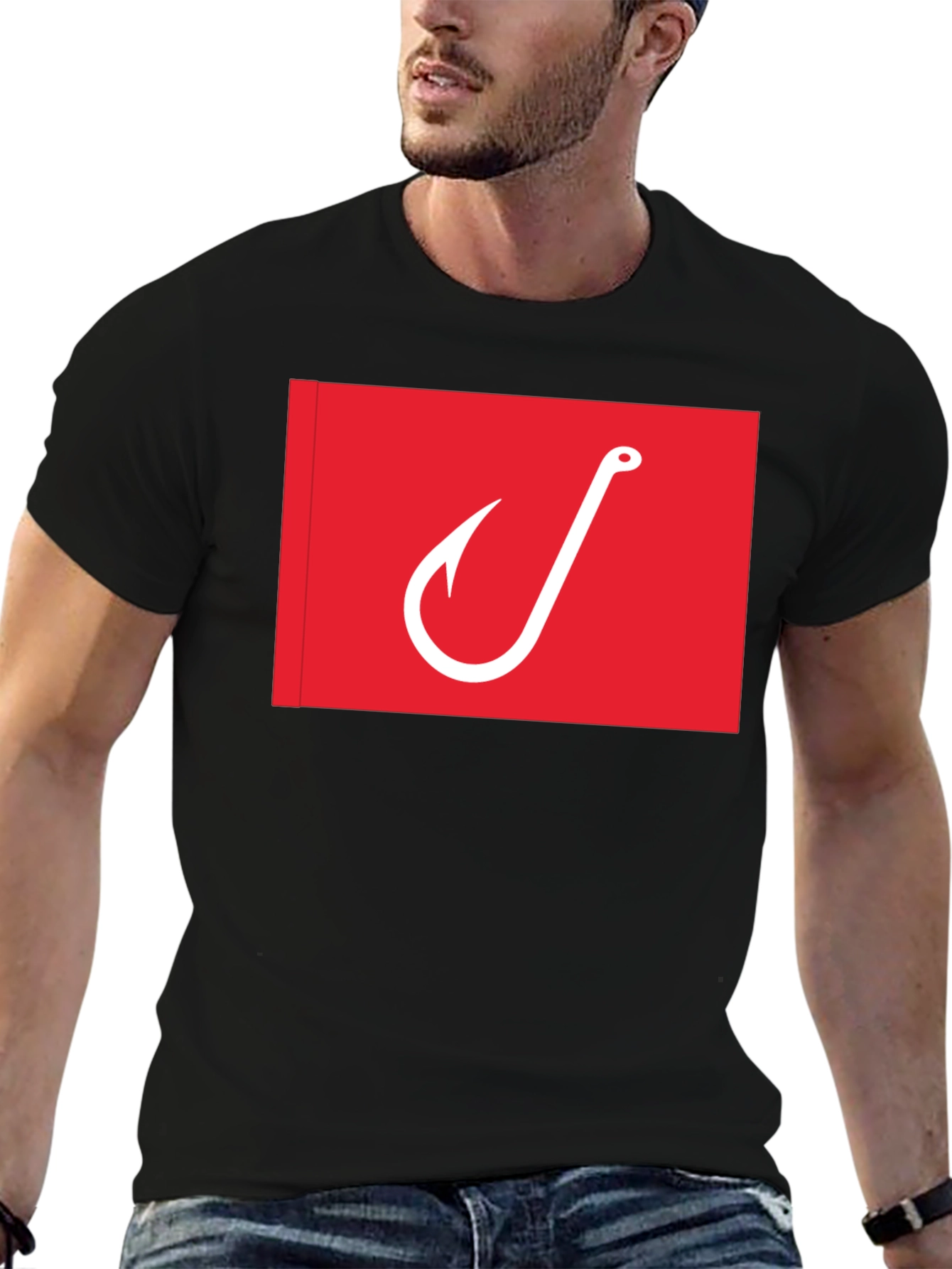 Fishing Hook Graphic Tee - Red on Black