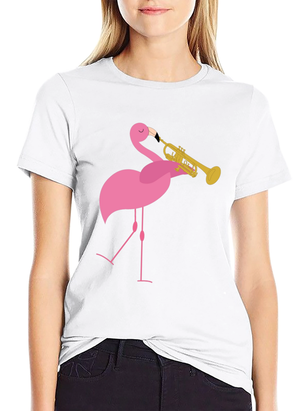 Funny Flamingo Trumpet Player Black T-Shirt