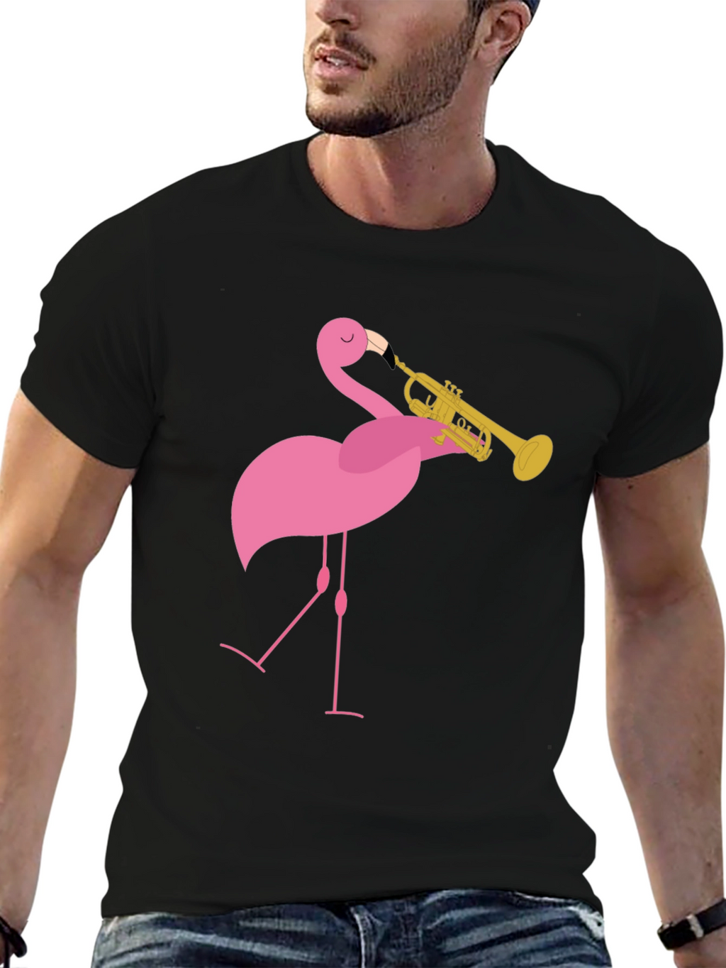 Funny Flamingo Trumpet Player Black T-Shirt