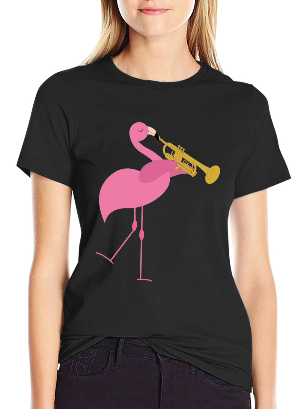 Funny Flamingo Trumpet Player Black T-Shirt