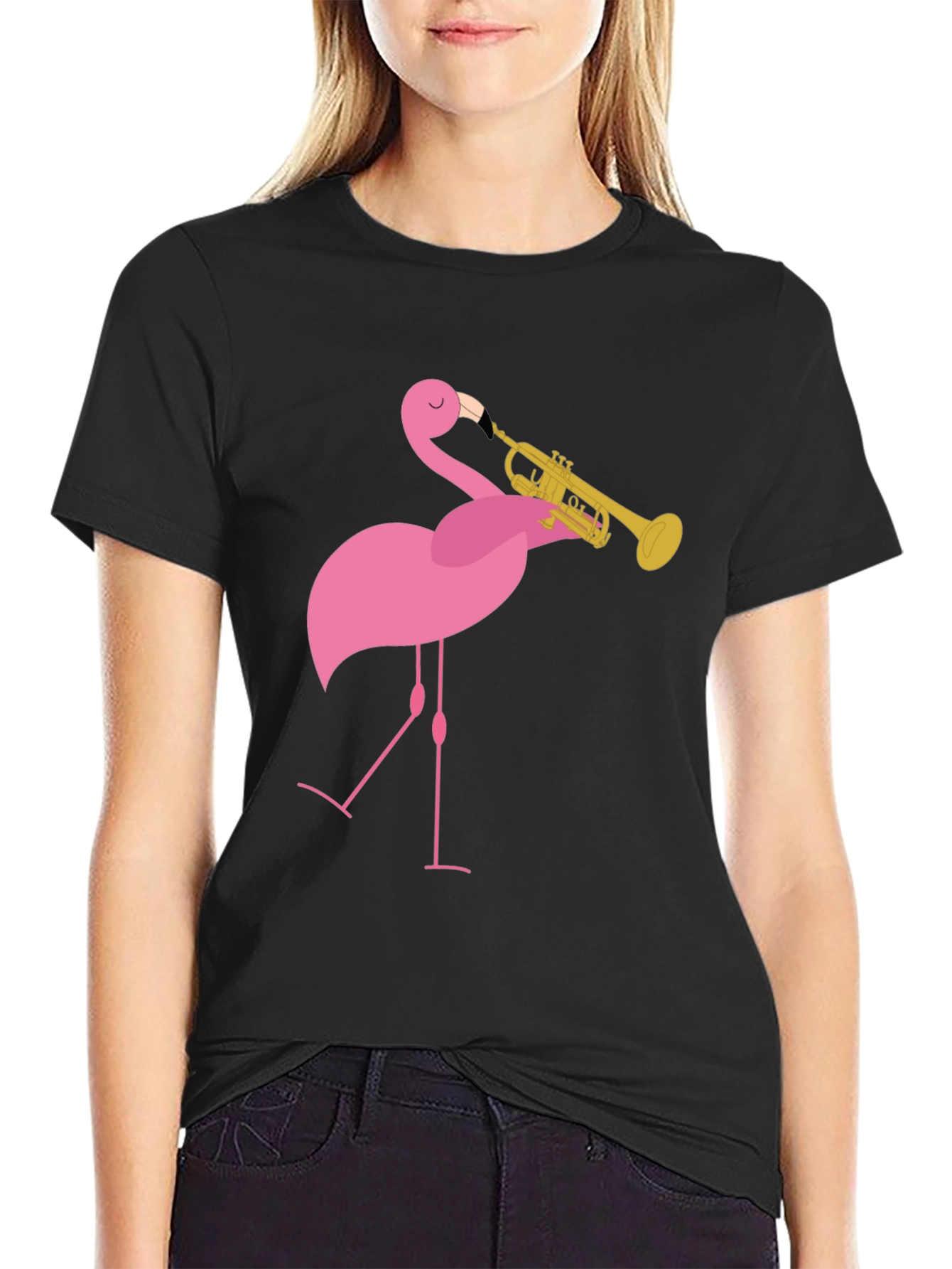 Funny Flamingo Trumpet Player Black T-Shirt