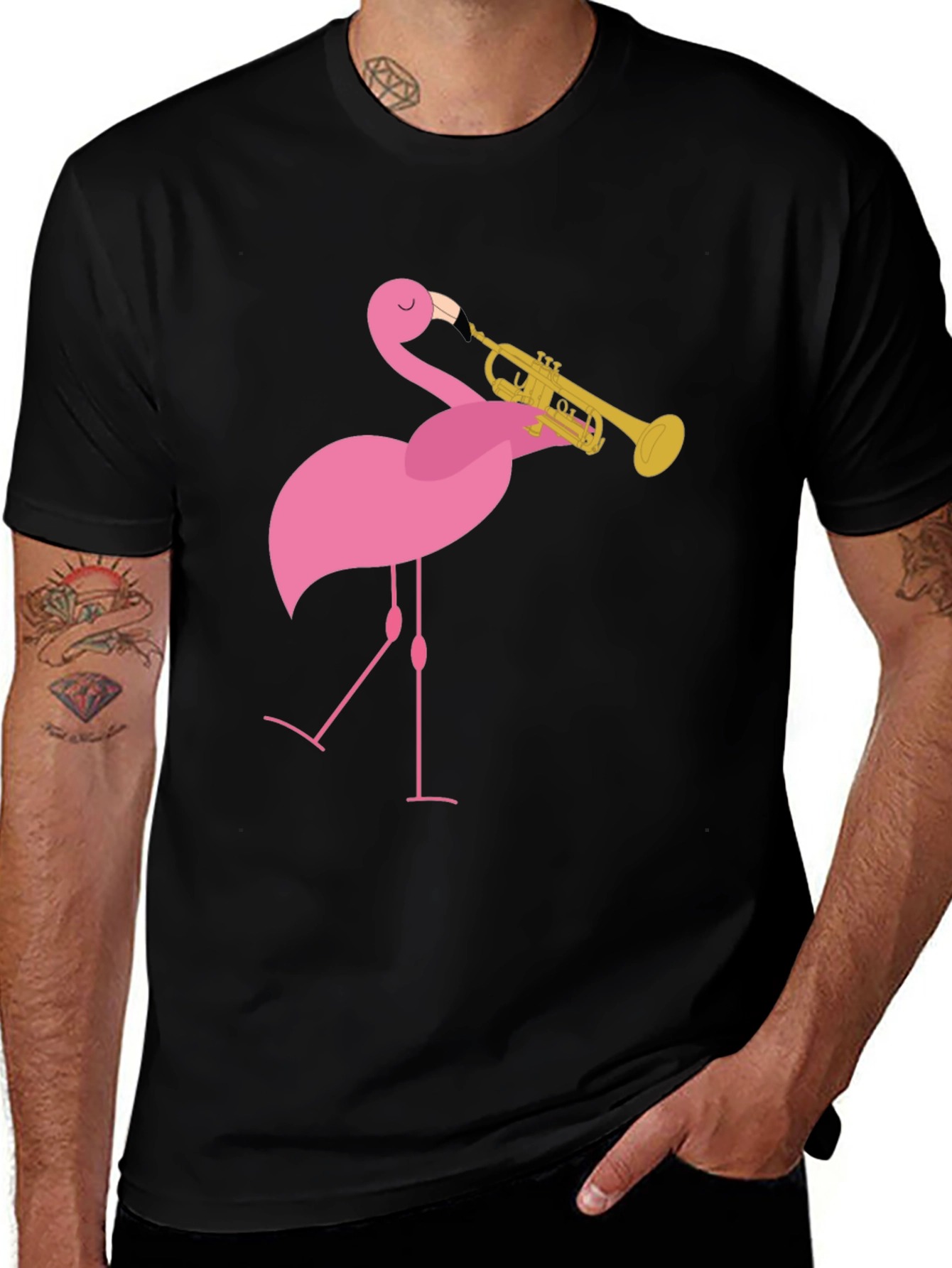 Funny Flamingo Trumpet Player Black T-Shirt