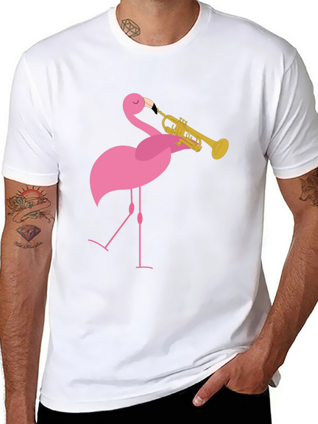 Funny Flamingo Trumpet Player Black T-Shirt