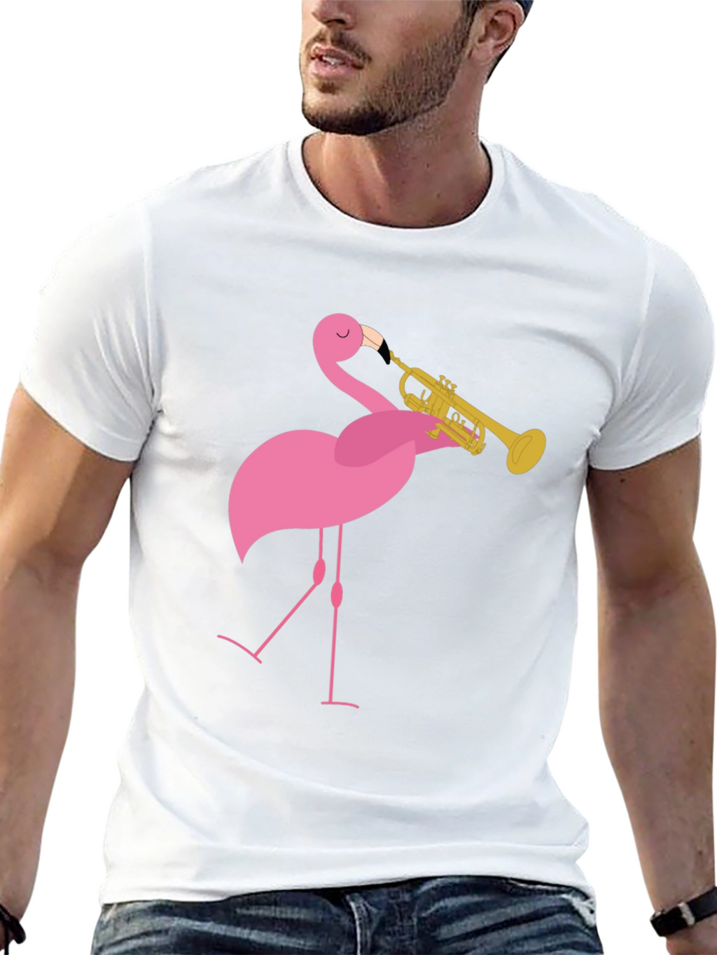 Funny Flamingo Trumpet Player Black T-Shirt