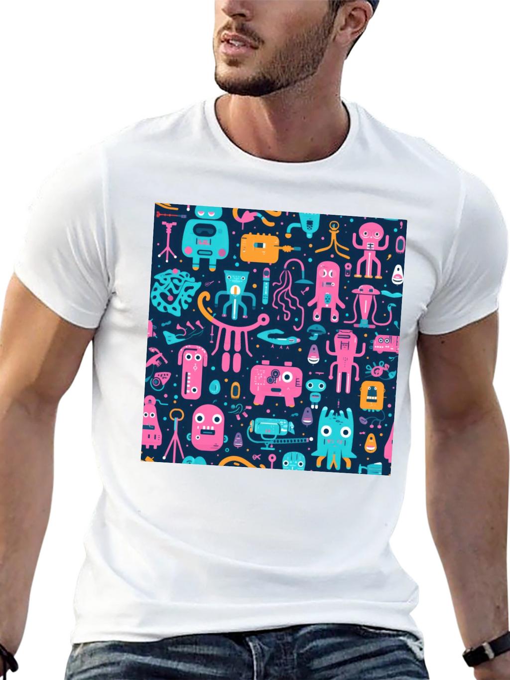 Funky Retro Robot Pattern T-Shirt