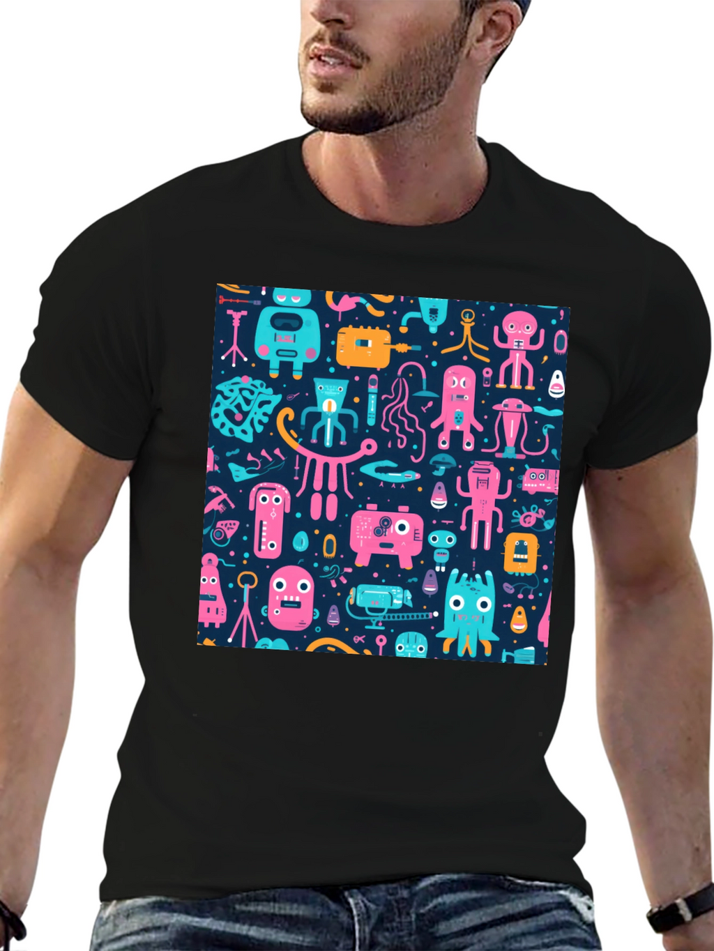 Funky Retro Robot Pattern T-Shirt