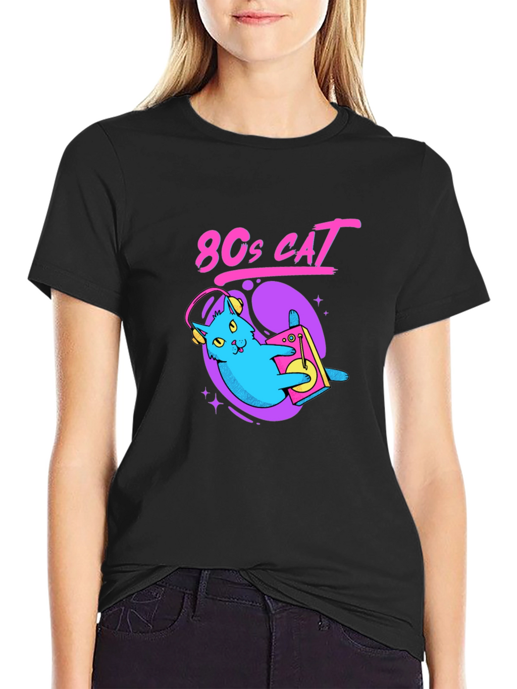 80s Cat Graphic Tee - Retro Style